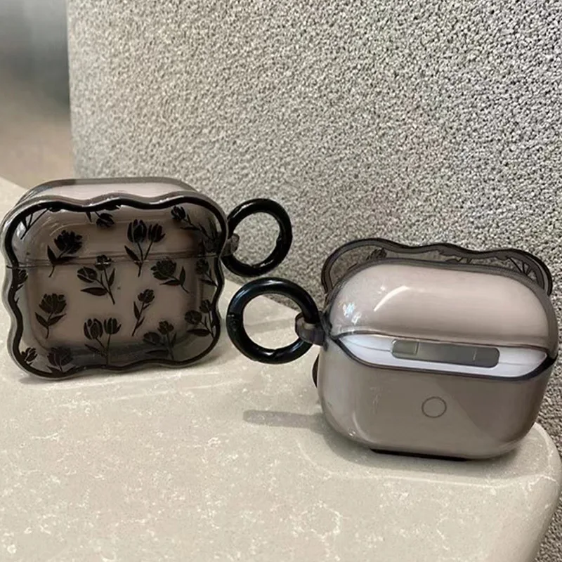 S148992f867ae439bb37ac4ae4a4e8369O.webp INS Clear Black Tulip Flower Case For AirPods 3 2 Cute Transparent Cover Retro Rose Flowers Wave Earphone Soft For AirpodPro New
