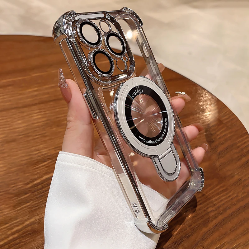 Luxury Shockproof Plating Soft TPU Bracket Case for iPhone 17 Air 16 15 14 13 11 12 Pro Max Plus Magsafe Magnetic Protect Cover