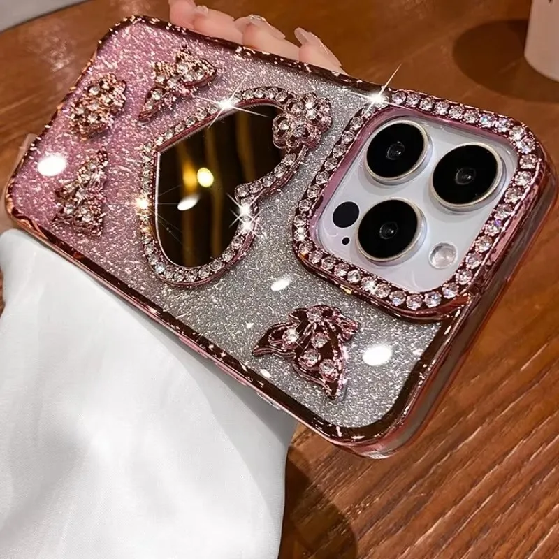 S15410f5f1248422292548069778a1c7e3.webp Gradient Glitter Butterfly Case for iPhone 17 16 15 14 13 12 11 Pro Max Love Heart Make-up Mirror Diamond Lens Shockproof Cover
