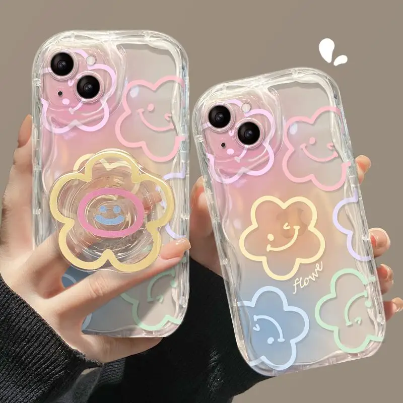 Color Smile Flower Grip Holder Wave Phone Case for Iphone 17 16 Pro Max 17 Air 11 12 13 Mini 14 Plus 15 Pro Max 16E Soft Cover