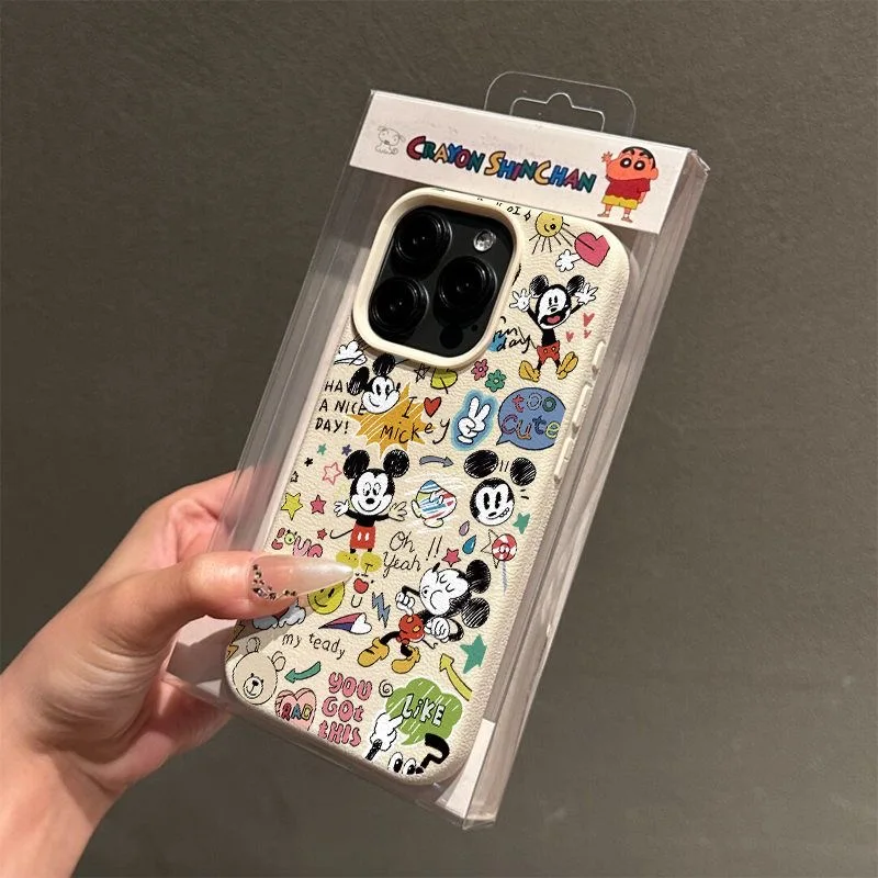 Cartoon Graffiti Mic Mouse Fashion TPU Imitation Leather Phone Case For iPhone 16 Plus 15 14 13 12 11 Pro Max X XR Shock-absorbing