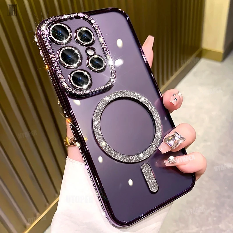 S15c1d6210d294b5d9c7592bd06e19c3fm.webp Luxury Sparkly Crystal Clear Case For Samsung Galaxy S24 Plus S23 S22 Ultra Magsafe Magnetic Wireless Charge Lens Film Cover