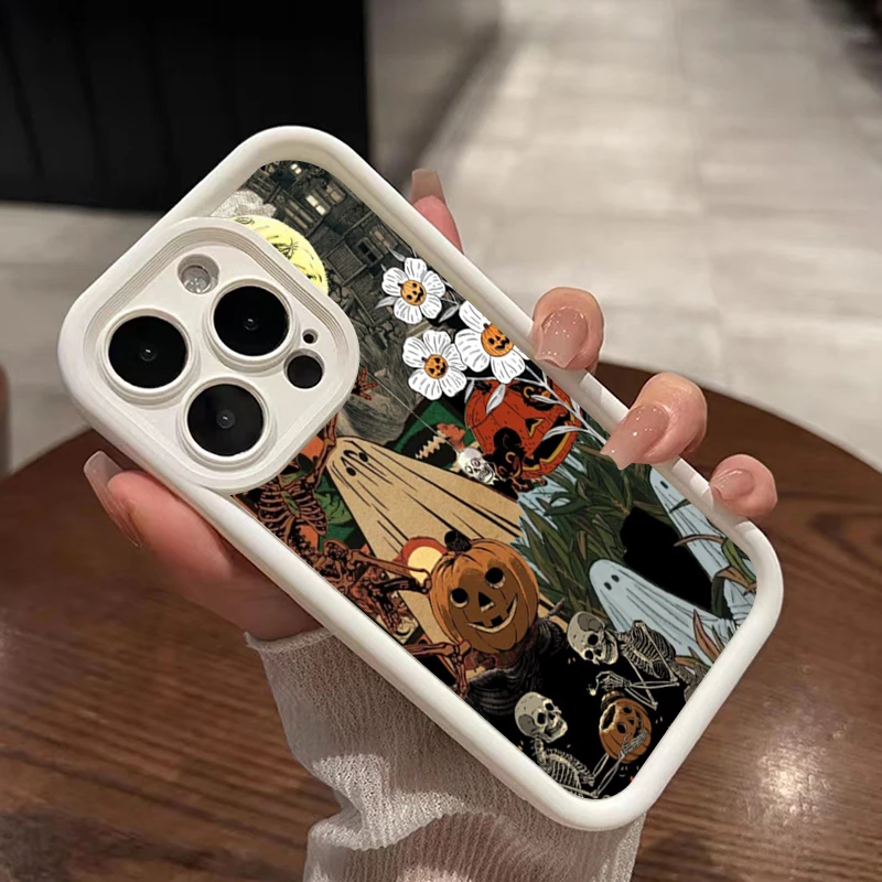 Halloween White Ghost Among Flowers Pattern Silicone Phone Case For iPhone 17 Pro Max XS XR X 16 11 13 12 14 15 8 Plus 16E Cover