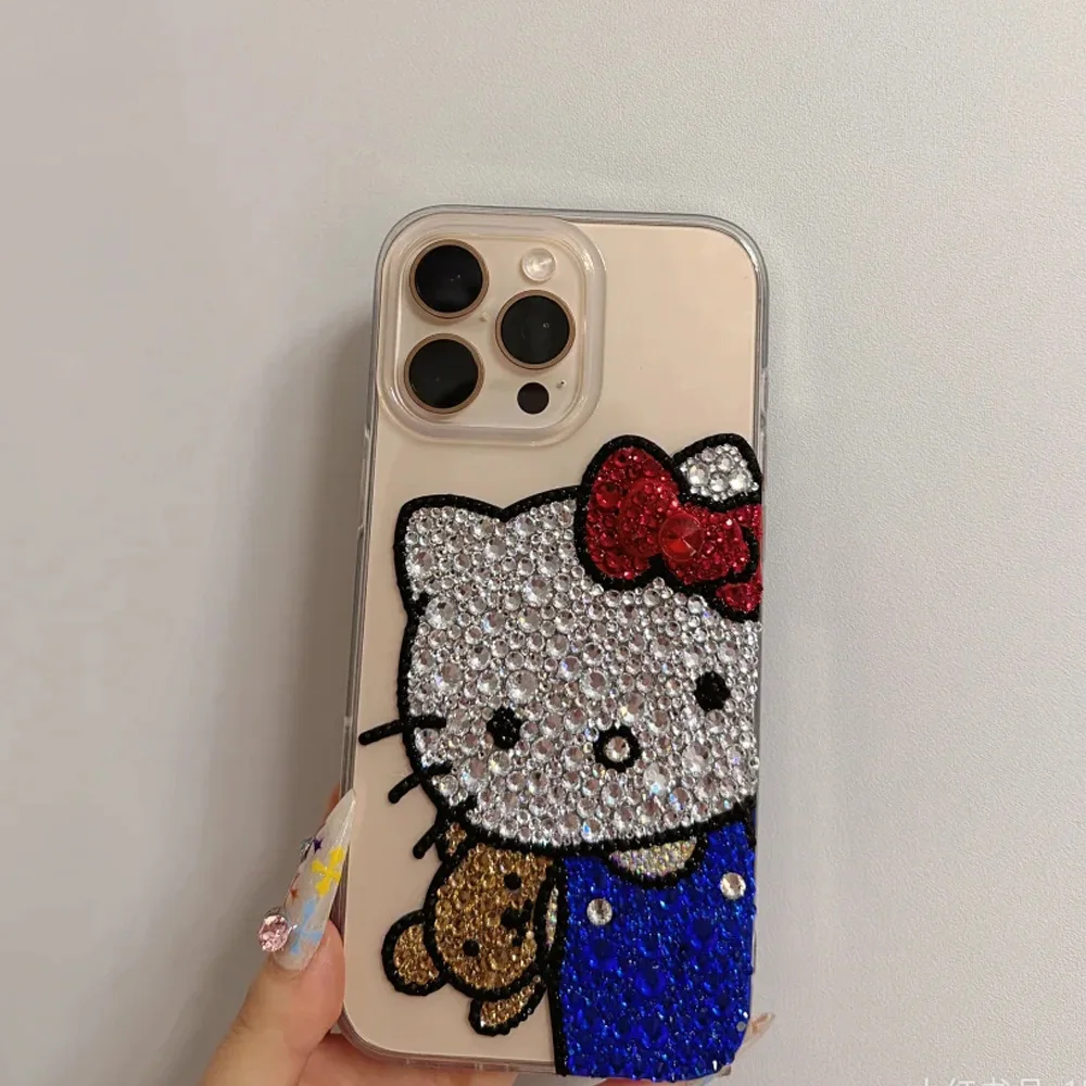 Cute Kitty Cat Rhinestone Bling Crystal Phone Case Chain For iPhone 16 12 13 14 15Pro Max  X Xs XR 7 8 Plus SE 2 3 10 Transparent B