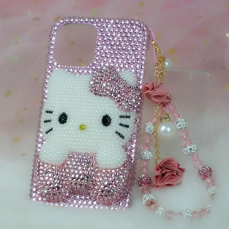 Cute Kitty Cat Rhinestone Bling Crystal Phone Case Chain iPhone 16 12 13 14 15Pro Max X Xs XR 7 8 Plus SE 2 3 10 Transparent Bu