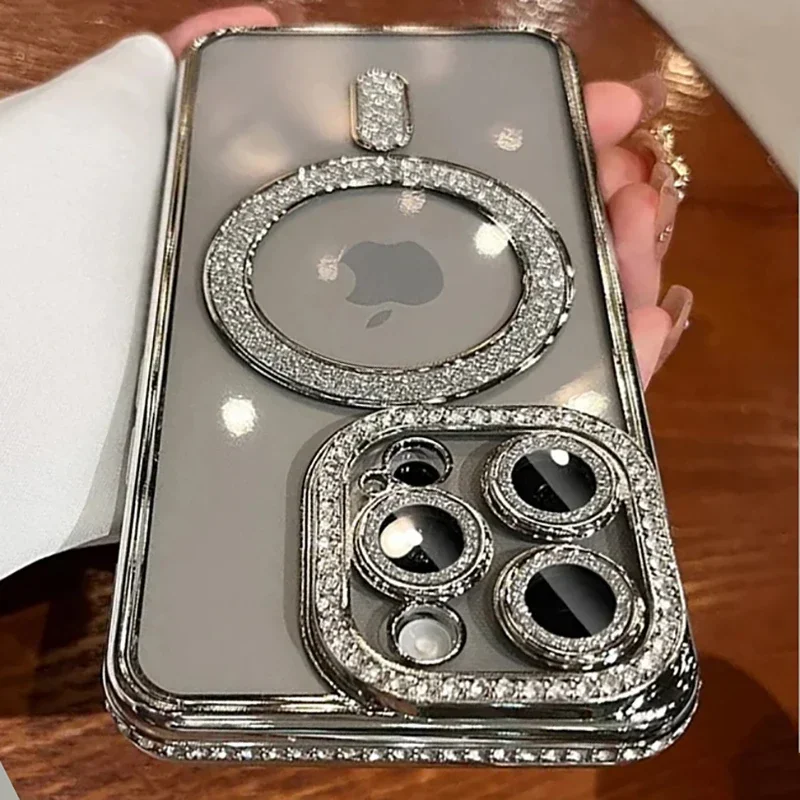 S1877ffb1b7a1419f8f53dd135d40f4e2u.webp New Fashion Glitter Diamond Transparent Case For iPhone 16 15 14 13 11 12 17 Pro Max Plus Magnetic Wireless Charge Bumper Cover