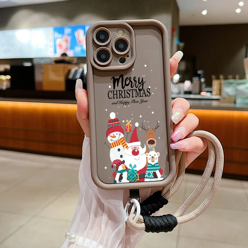 Christmas Pattern Lanyard Rope Phone Case For iPhone 16 15 14 13 12 11 Pro Max X XS XR 7 8 Plus Shockproof Soft Silicone Cover