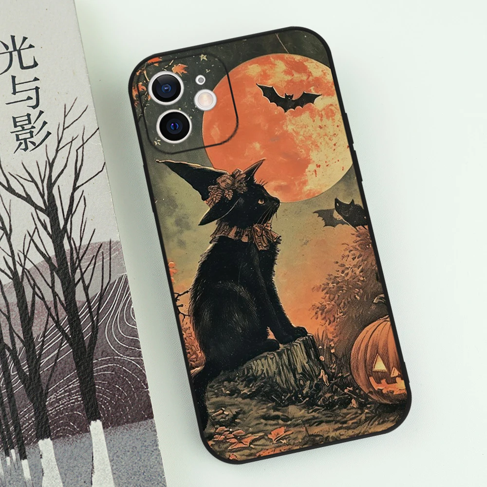 Funny Halloween Black Cat Phone Case For iPhone 17 16 15 14 13 12 11 Pro Max Mini X XS 8 7 Plus 17 Air 16E Shockproof Soft Cover