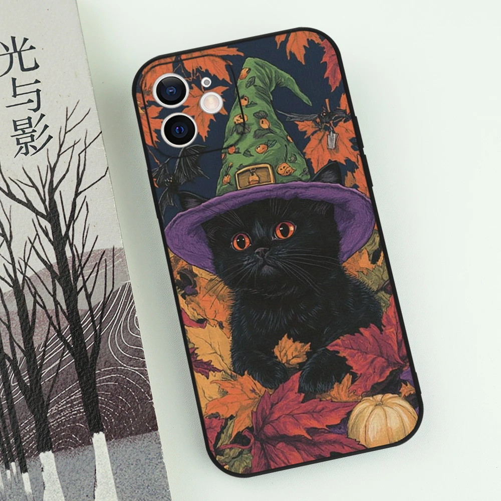 Funny Halloween Black Cat Phone Case For iPhone 17 16 15 14 13 12 11 Pro Max Mini X XS 8 7 Plus 17 Air 16E Shockproof Soft Cover