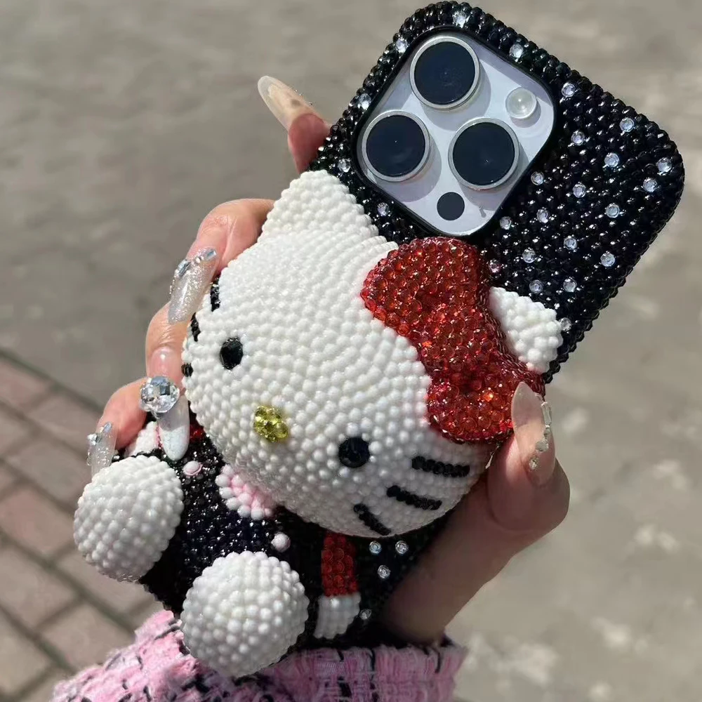 Cute Kitty Cat Rhinestone Bling Crystal Phone Case Chain iPhone 16 12 13 14 15Pro Max X Xs XR 7 8 Plus SE 2 3 10 Transparent Bu