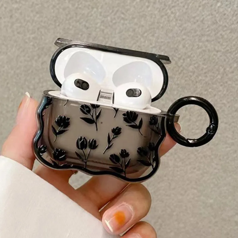 S1aa2175c06834370b73a6c12d14e645eK.webp INS Clear Black Tulip Flower Case For AirPods 3 2 Cute Transparent Cover Retro Rose Flowers Wave Earphone Soft For AirpodPro New