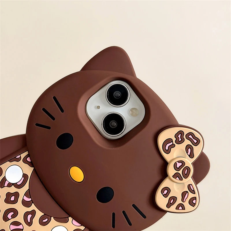 3D Cartoon Kittty Phone Case for iPhone 16 Plus 15 14 13 12 Pro Max Sexy Leopard Print Bowknot Cases Soft Silicone Cover