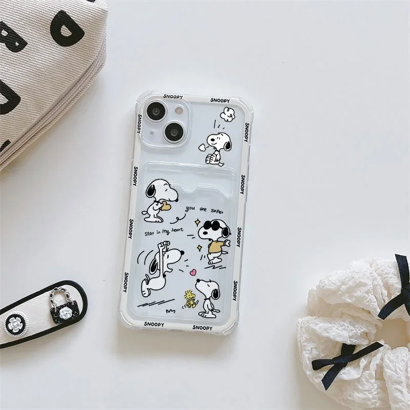 Funny Snoo Card Bag Phone Case For IPhone 16 15 14 13 12 17 Pro Max Mini Plus 16E 17 AIR Wallet Soft Clear Cute Cartoon Cover