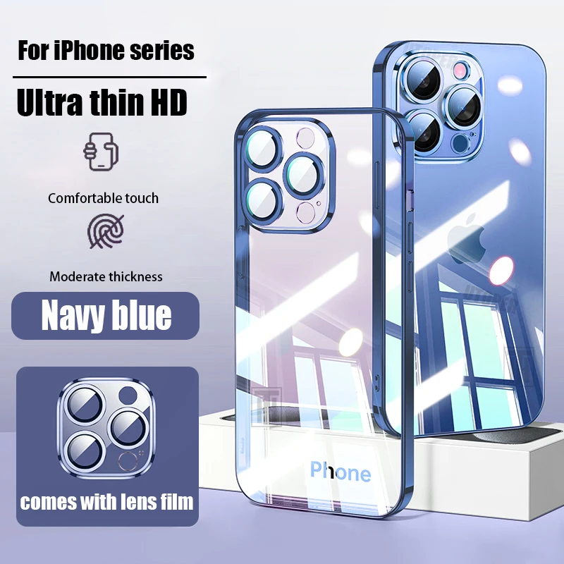 Official 16 Series Blue Plating Case for iPhone 16 15 14 13 12 11 Pro Max Plus Ultrathin Antiskid Clear Lens Film Protect Cover