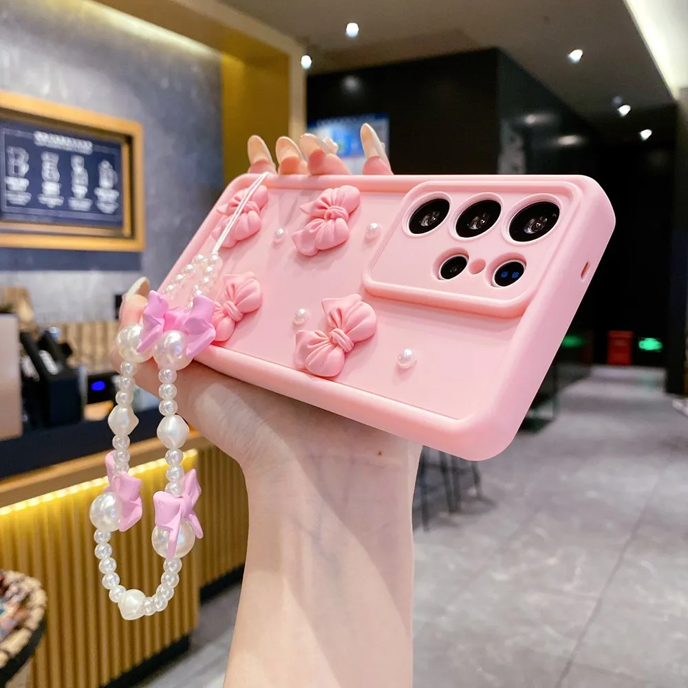 S1d468ae6419e4434b88c6ec73773b41dU.webp 3D Pearl Pink Bow Lanyard Phone Case For Samsung Galaxy S25 S24 Ultra S23 S22 S21 Plus A53 A54 Bracelet Wrist Strap Soft Cover