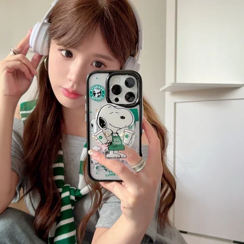 Korea Cute Cartoon Snoopy Magnetic Grip Tok Holder Magsafe Wireless Charge Phone Case For iPhone 17 16 15 14 13 Pro Max Cover