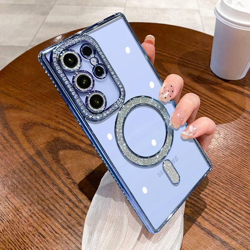 S1d6c3a720d154c6b8bda985d64efd832f.webp Luxury Sparkly Crystal Clear Case For Samsung Galaxy S24 Plus S23 S22 Ultra Magsafe Magnetic Wireless Charge Lens Film Cover