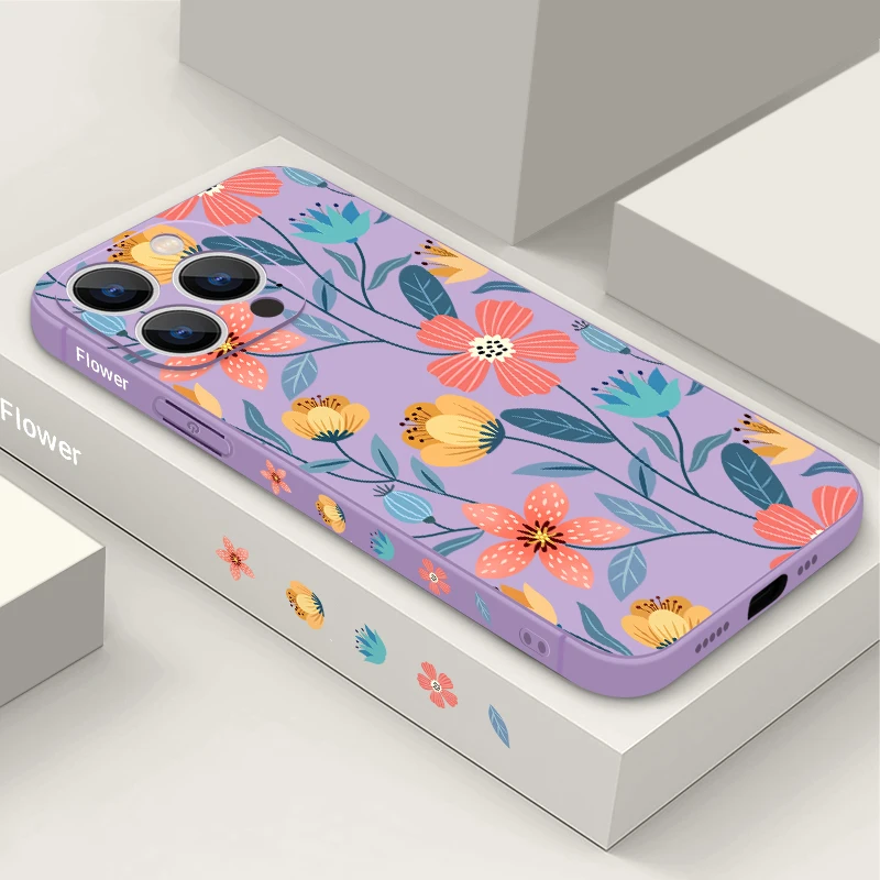 Flowers Soft Silicone Lanyard Case For iPhone 17 16e 15 16 Pro Max 12 13 14 11 Pro Max Air Shockproof Bumper Strip Phone Cover