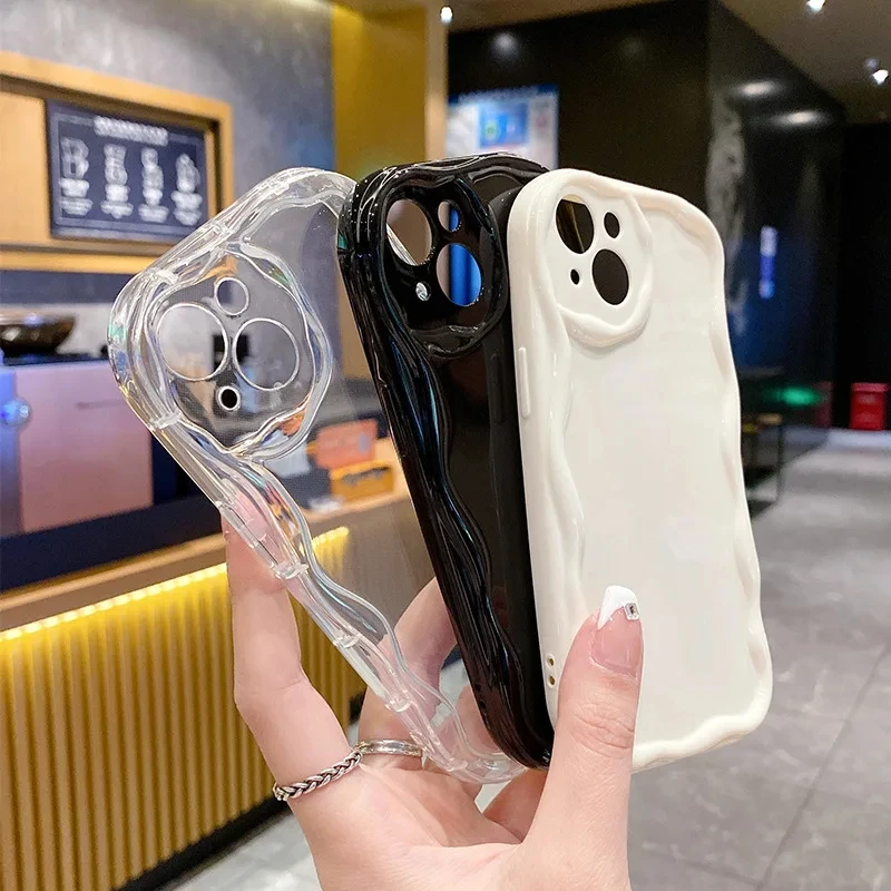 S1d9d83cebd1d4f41b14c9b119a436743H.webp Wave Pattern Solid Color Cream For iPhone 11 12 13 14 15 16 17 Pro Max Plus Air Transparent Resistant Clear Shockproof Case