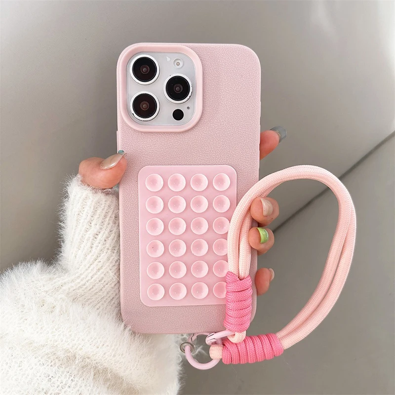 S1dd9632eee91487b885a15ad6b2bee94l.webp Suction Cup Stand Litchi Pattern Phone Case For iPhone 17 16 15 14 13 12 11 Pro Max X XS XR With Lanyard Rope Soft Bumper Cover