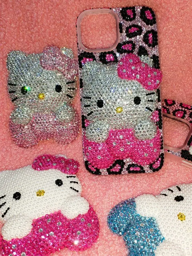Kitty Cartoon Cat Rhinestone Bling Crystal Phone Case Chain For iPhone17 16 15 14 13 12 11Pro Max XR 7 8 Plus SE Mini Transparent
