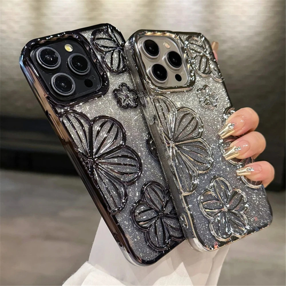 S1e14af93b3884b19b05b1bb502117fedD.webp Plating Clear Bling Glitter Gradient Flowers Phone Case For iPhone 17 16 15 11 12 13 14 Pro Max Soft Silicone Shockproof Cover
