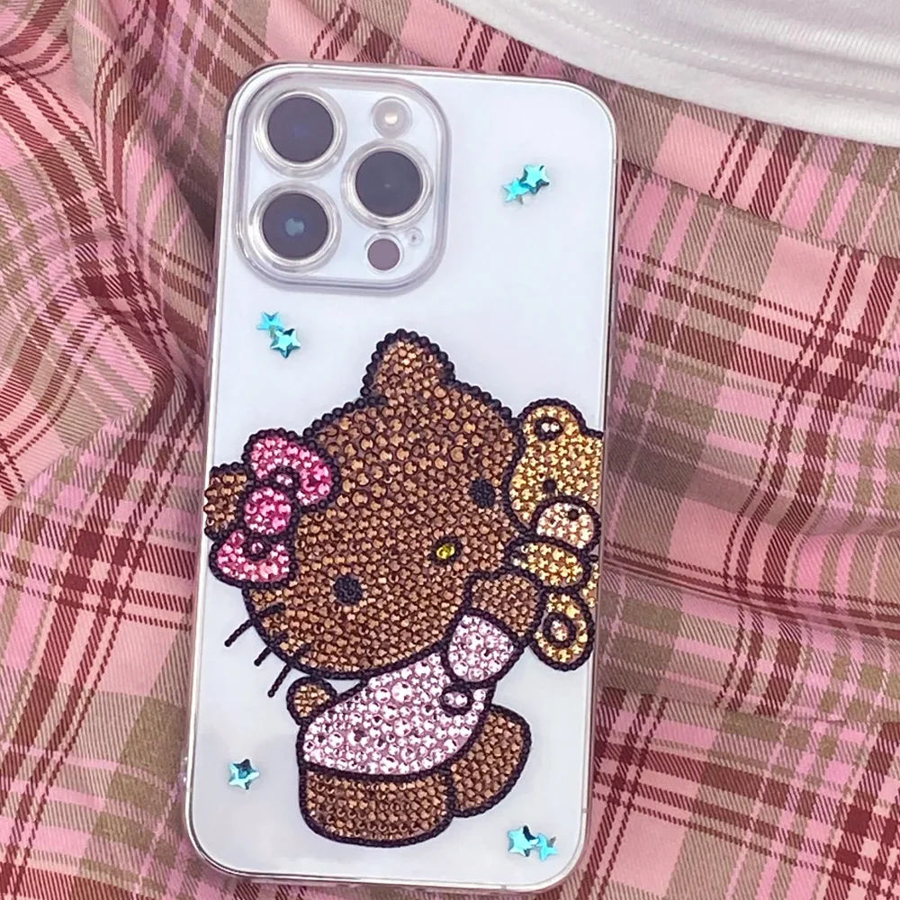 Cute Kitty Cat Rhinestone Bling Crystal Phone Case Chain For iPhone 16 12 13 14 15Pro Max X Xs XR 7 8 Plus SE 2 3 10 Transparent Bu