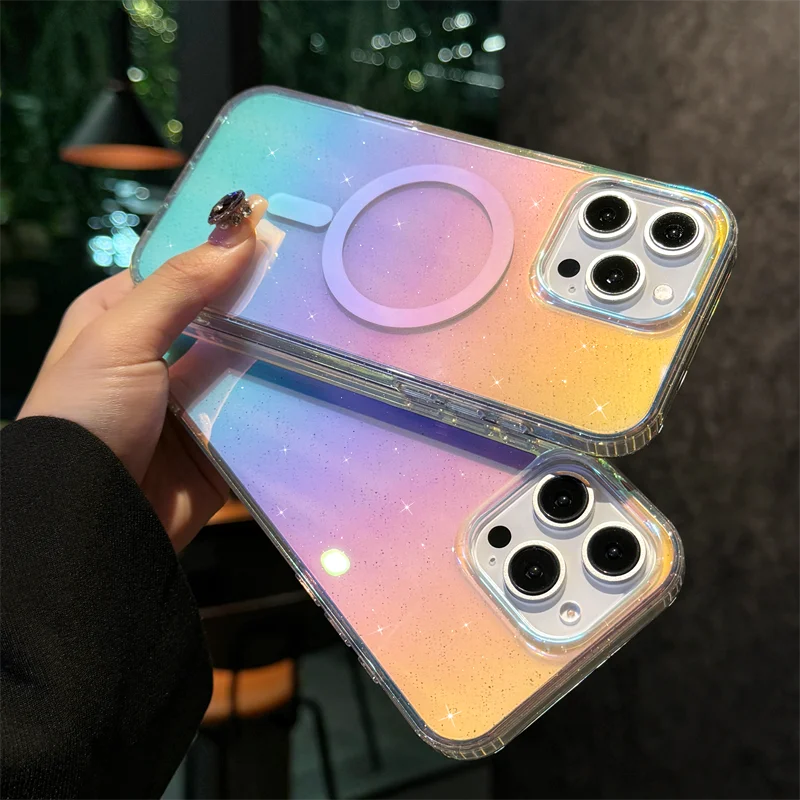 S1e58c038726b4928801046687a9e9cc9Z.webp Luxury Glitter Diamond Pattern Transparent Colorful Case For iPhone 17 16 15 14 13 12 Pro Max 11 Magnetic Wireless Charge Capa