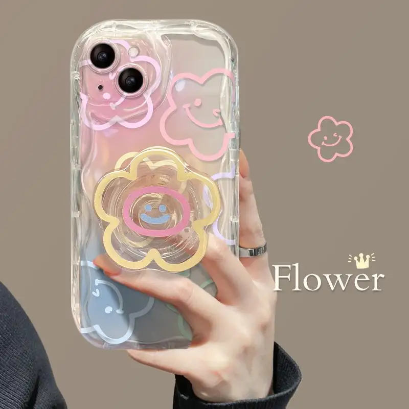 Color Smile Flower Grip Holder Wave Phone Case for Iphone 17 16 Pro Max 17 Air 11 12 13 Mini 14 Plus 15 Pro Max 16E Soft Cover