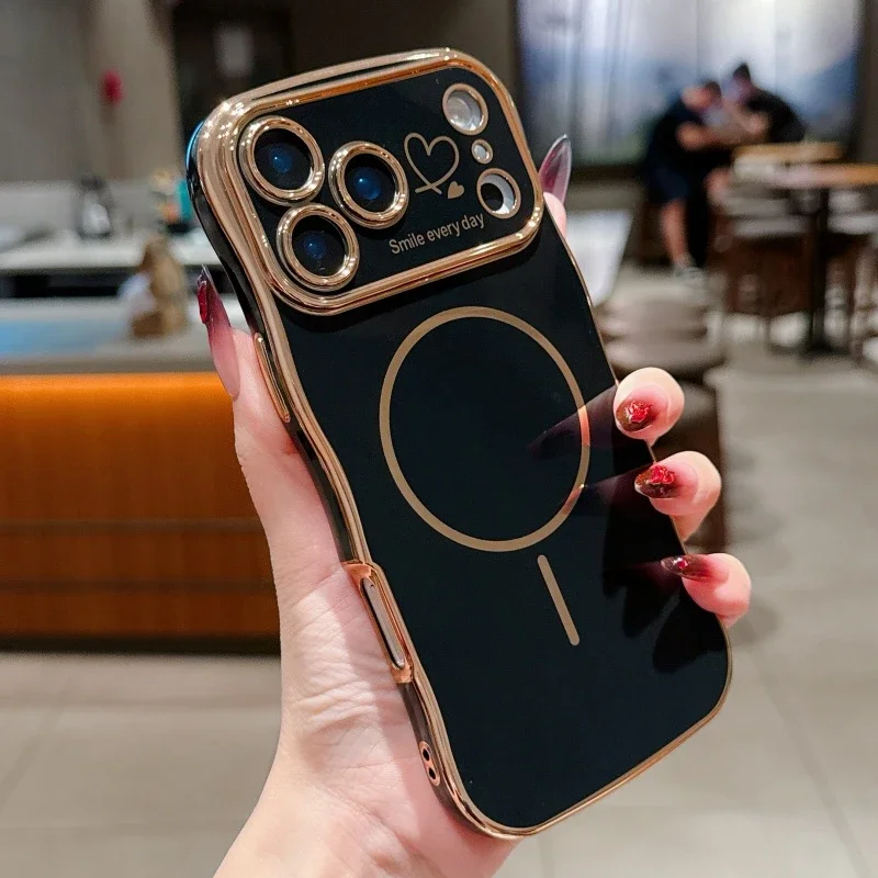 For Magsafe Plating Love Heart Wavy Lines Phone Cases for IPhone 17 16 14 13 12 11 Pro Max 16 15 Plus 17 Air Case Magnetic Cover