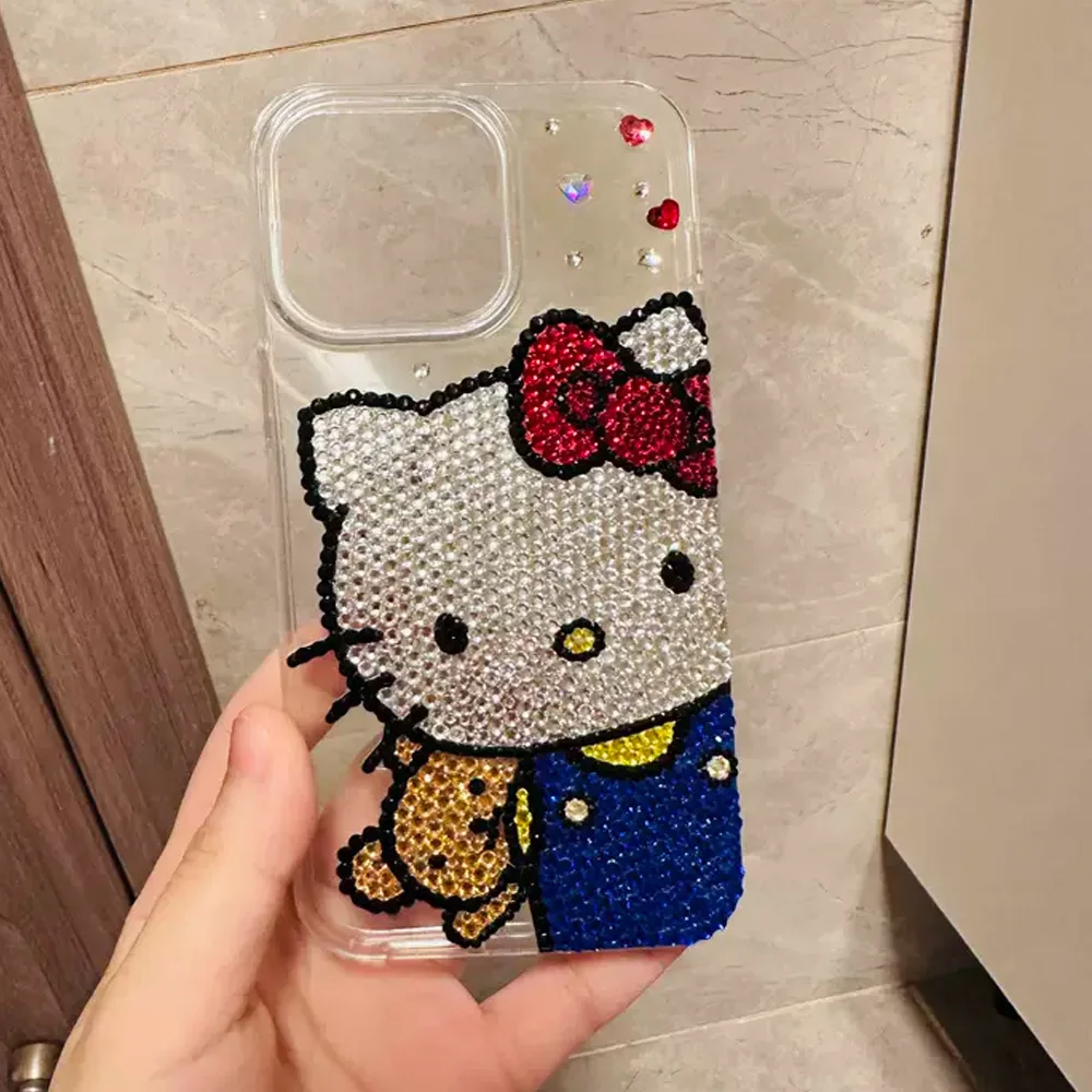Cute Kitty Cat Rhinestone Bling Crystal Phone Case Chain For iPhone 16 12 13 14 15Pro Max  X Xs XR 7 8 Plus SE 2 3 10 Transparent B