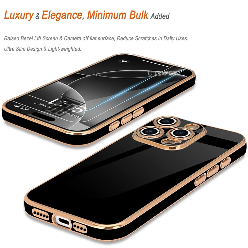 Golden Border Plating Solid Color Silicone Soft Case for iPhone 16 15 14 11 12 13 Pro Max 16 Plus Gloss Fashion Protect Cover