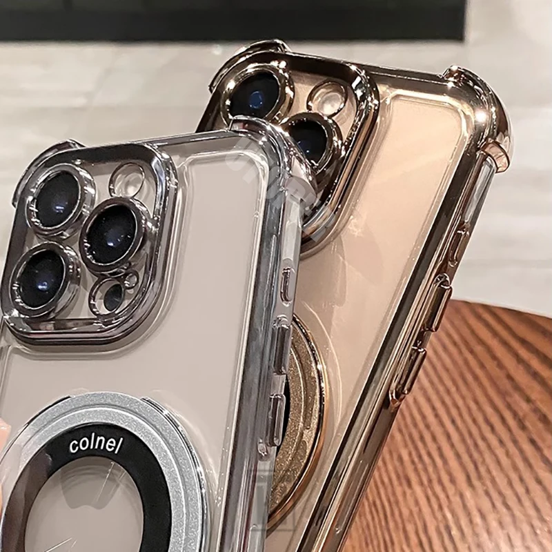 Luxury Shockproof Plating Soft TPU Bracket Case for iPhone 17 Air 16 15 14 13 11 12 Pro Max Plus Magsafe Magnetic Protect Cover