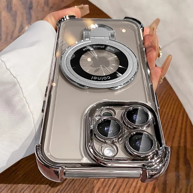 Luxury Shockproof Plating Soft TPU Bracket Case for iPhone 17 Air 16 15 14 13 11 12 Pro Max Plus Magsafe Magnetic Protect Cover
