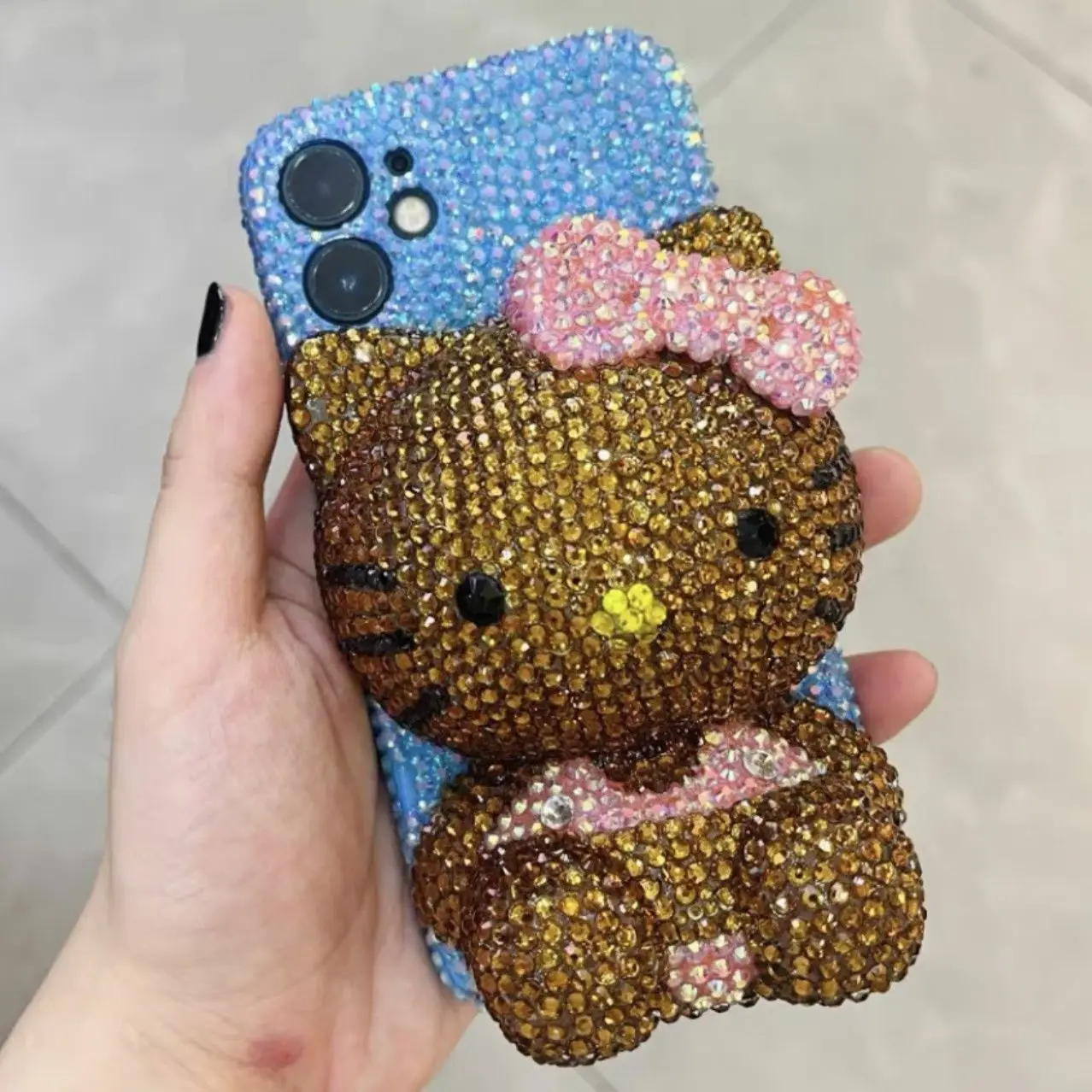 Cute 3D Cat Cartoon Kitty Rhinestone Bling Crystal Phone Case Chain iPhone 16 12 13 14 15Pro Max X Xs Xr 7 8 Plus Se 2 3 10 Kawaii