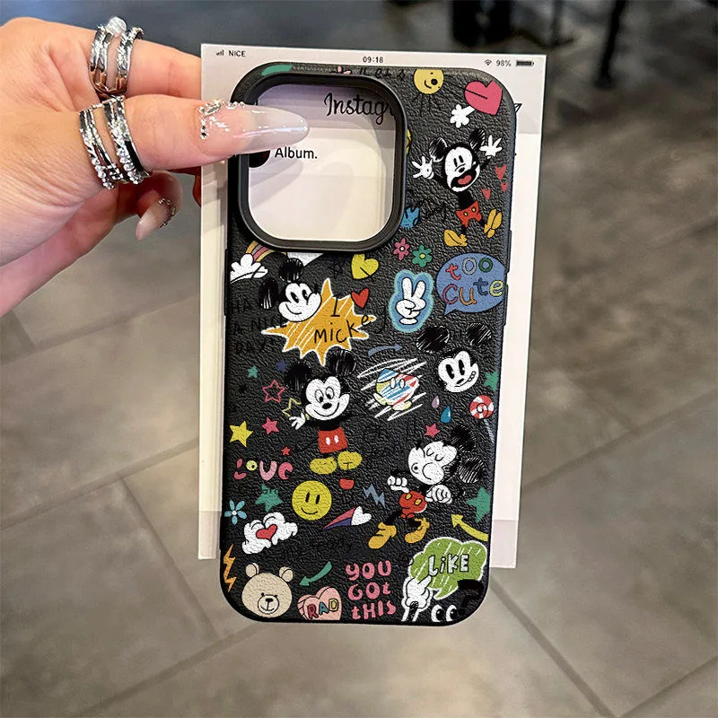Cartoon Graffiti Mic Mouse Fashion TPU Imitation Leather Phone Case For iPhone 16 Plus 15 14 13 12 11 Pro Max X XR Shock-absorbing