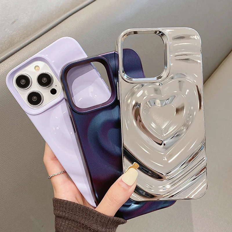 Glossy Bling Love Heart Pattern Phone Case For iPhone 17 16 16E 15 14 13 12 Pro Max 11 Fashion Shockproof Bumper Back Cover
