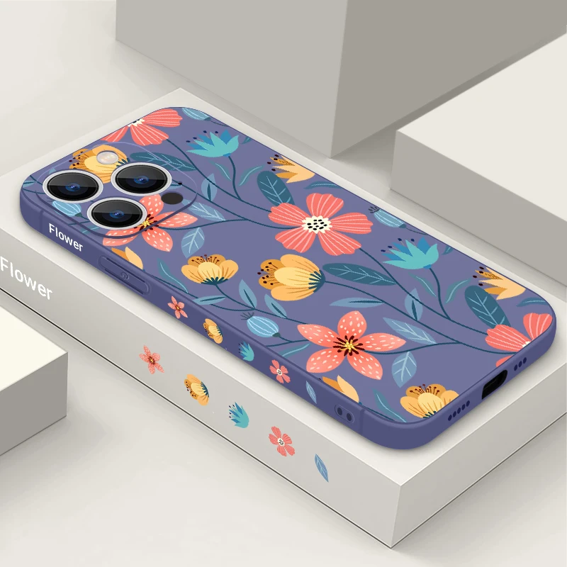 Flowers Soft Silicone Lanyard Case For iPhone 17 16e 15 16 Pro Max 12 13 14 11 Pro Max Air Shockproof Bumper Strip Phone Cover