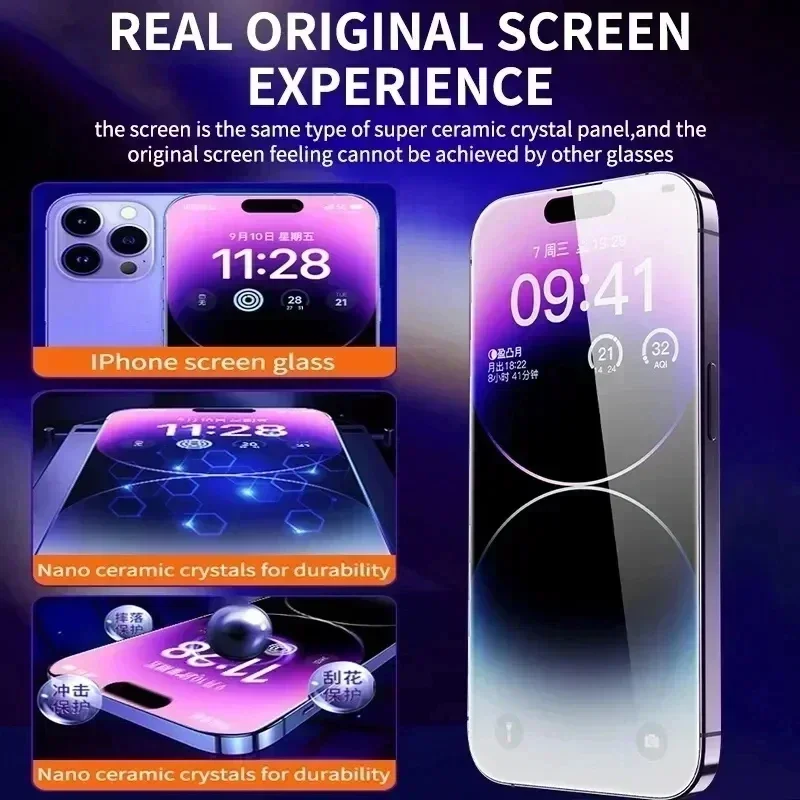 S2266a1fbc4194305b621b8452a7f9b60Z.webp Oleophobic Coating Dust Free Easy Installation Screen Protector For iPhone 14 11 13 12 15 Pro Max Mini XS X XR 17 16 Plus Glass