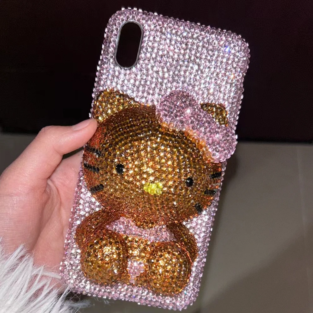 Cute Kitty Cat Rhinestone Bling Crystal Phone Case Chain For iPhone 16 12 13 14 15Pro Max X Xs XR 7 8 Plus SE 2 3 10 Transparent Bu