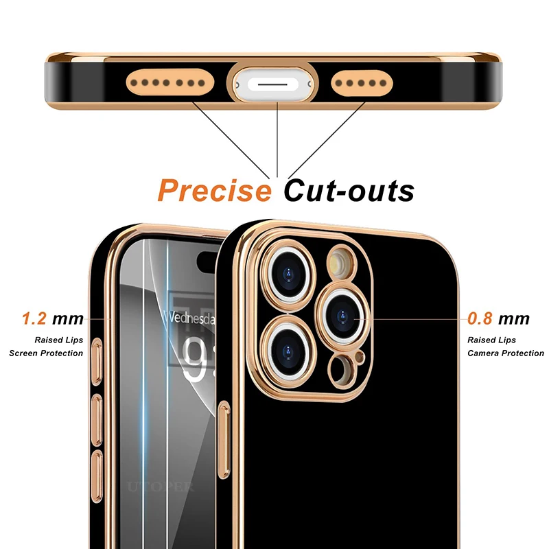 Golden Border Plating Solid Color Silicone Soft Case for iPhone 16 15 14 11 12 13 Pro Max 16 Plus Gloss Fashion Protect Cover
