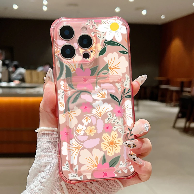 S233146f239124c88b0596521710829b1E.webp Clear Flowers Patterned Card Holder Phone Case For iPhone 17 Air 16 15 14 13 Pro Max 15 16 17 Pro 16e 12 11 Soft Card Bag Cover