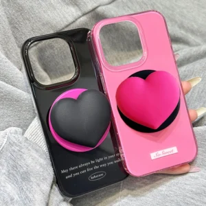 Rose Pink Black Love Heart Magnetic Bracket For iPhone 17 16 15 14 13 Pro Max Shockproof IMD TPU Back Cover With Holder Stand