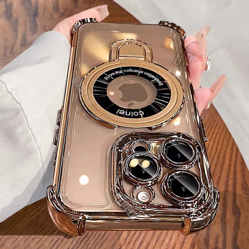 Luxury Shockproof Plating Soft TPU Bracket Case for iPhone 17 Air 16 15 14 13 11 12 Pro Max Plus Magsafe Magnetic Protect Cover