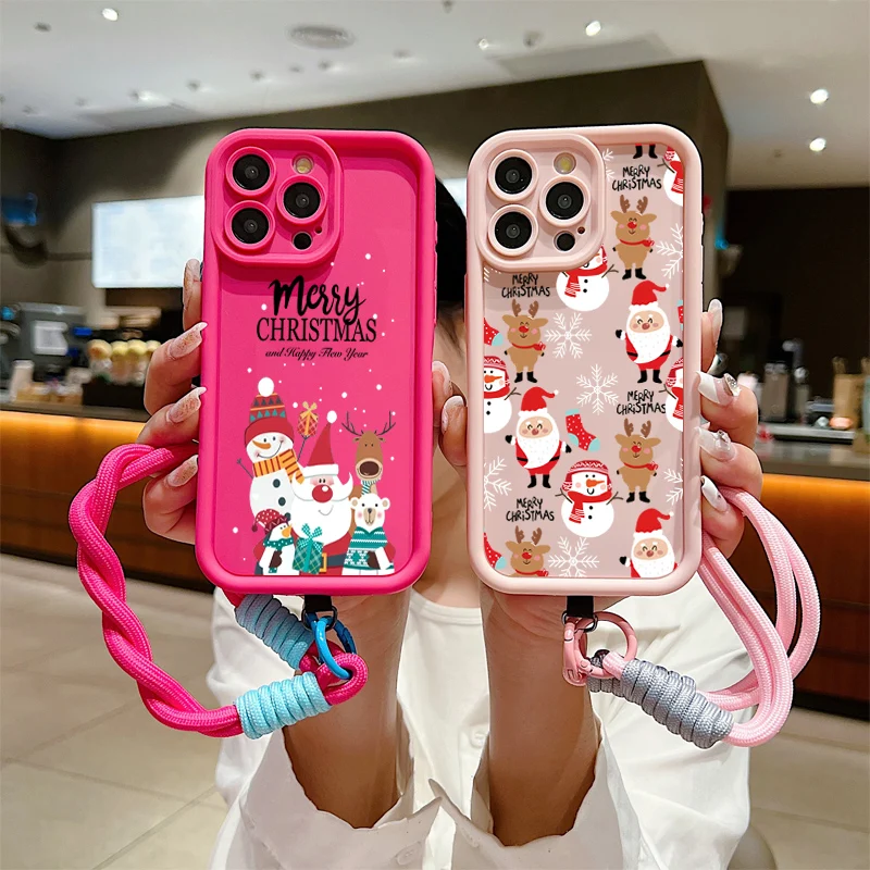 S258a90ffc5eb4d31b3fde9cf01c85bbdh.webp Christmas Pattern Lanyard Rope Phone Case For iPhone 16 15 14 13 12 11 Pro Max X XS XR 7 8 Plus Shockproof Soft Silicone Cover