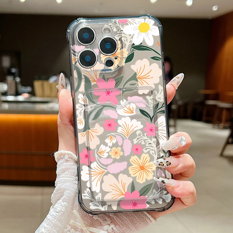 S25a0769052c649b7ae3c40353dbd70cev.webp Clear Flowers Patterned Card Holder Phone Case For iPhone 17 Air 16 15 14 13 Pro Max 15 16 17 Pro 16e 12 11 Soft Card Bag Cover