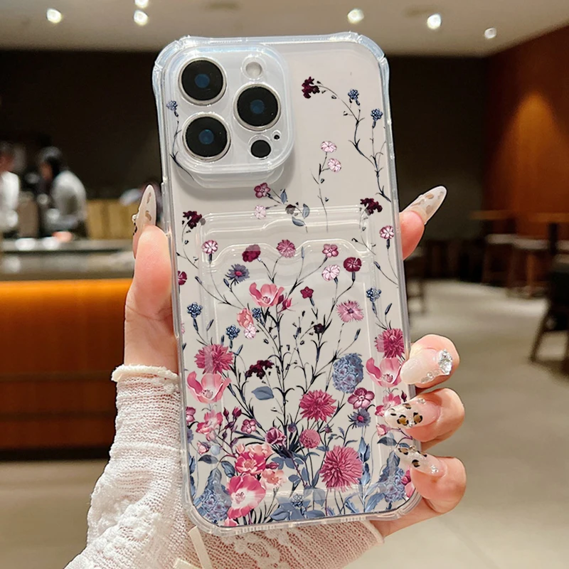S25c9df97604547539c8fb0cebc59532aY.webp Clear Flowers Patterned Card Holder Phone Case For iPhone 17 Air 16 15 14 13 Pro Max 15 16 17 Pro 16e 12 11 Soft Card Bag Cover