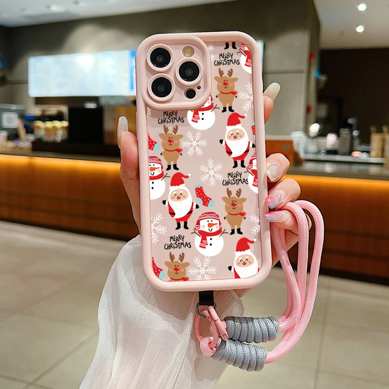 Christmas Pattern Lanyard Rope Phone Case For iPhone 16 15 14 13 12 11 Pro Max X XS XR 7 8 Plus Shockproof Soft Silicone Cover