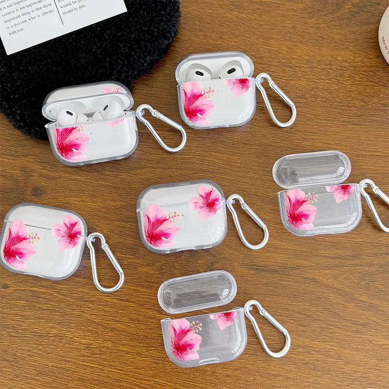 S264e599cd913409a9425c4221763d80bp.webp Pink Hibiscus Flower Clear Case for AirPods 4/3/2/1 Earphone Case with Carabiner,Airpod Pro2/Pro3/Pro Shockproof Headphone Case