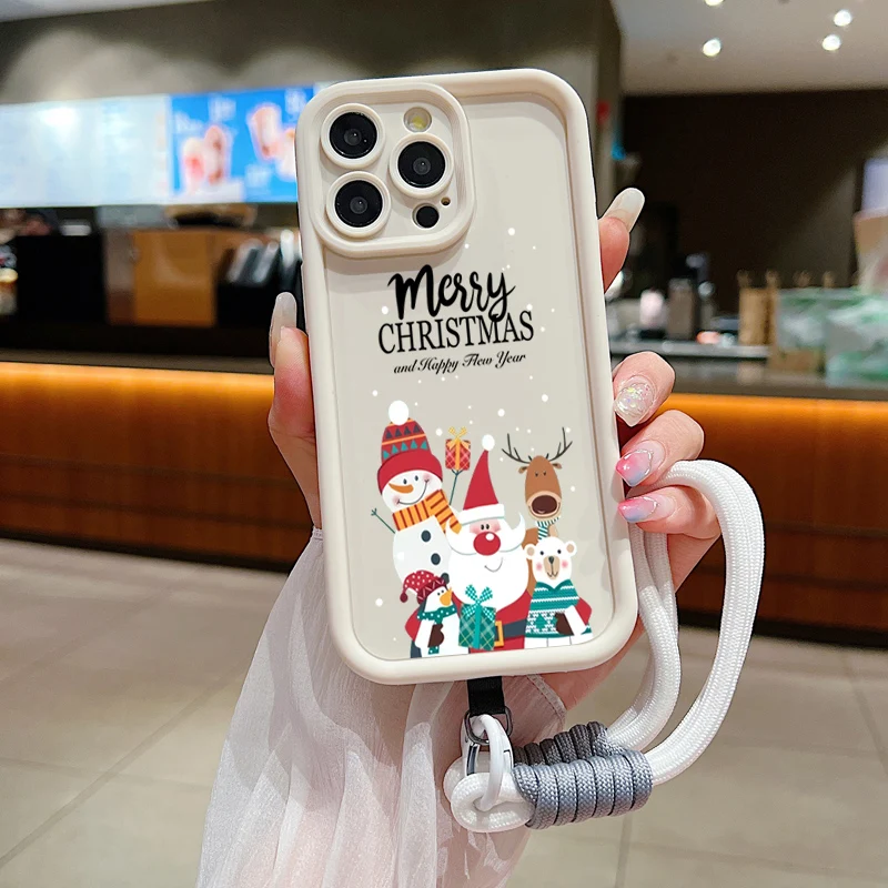 Christmas Pattern Lanyard Rope Phone Case For iPhone 16 15 14 13 12 11 Pro Max X XS XR 7 8 Plus Shockproof Soft Silicone Cover